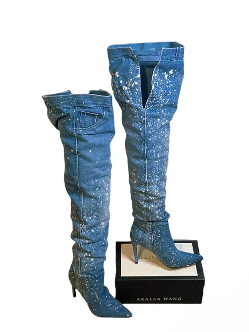 Azalea wang Rare Western Y2K Denim thigh-high stiletto pointed toe boots size 6